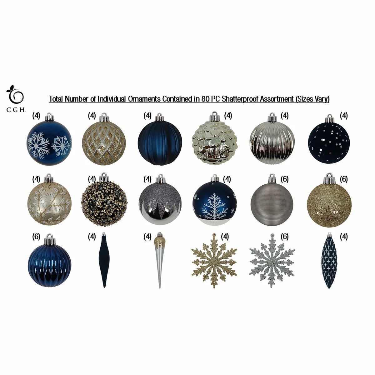 Shatter Resistant Christmas Ornaments Blue/Gold - 80 pack