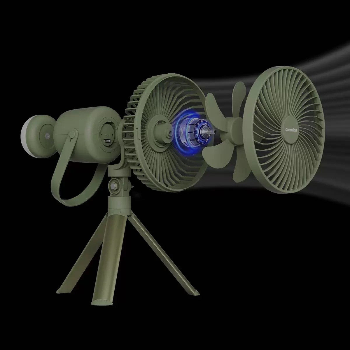 New Camelion Rechargeable Camping Fan with LED Light, Tripod, USB, Quiet 3-Speed