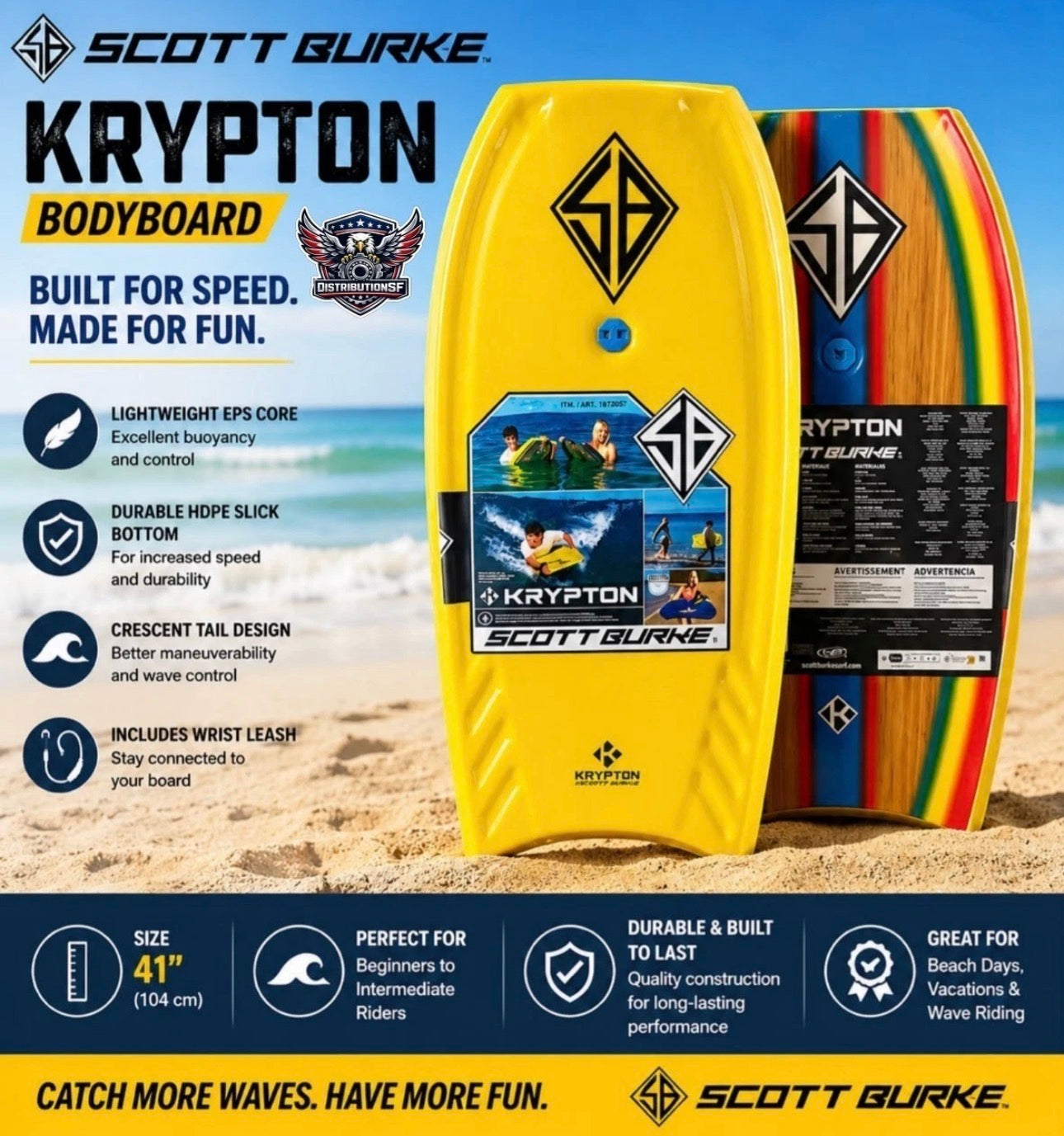 Scott Burke Surf Krypton EPS Bodyboard With Leash Yellow