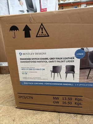 Bentley Designs Dining Chair Grey Faux Leather Diamond Stitch, 2 Pack Luxury NEW