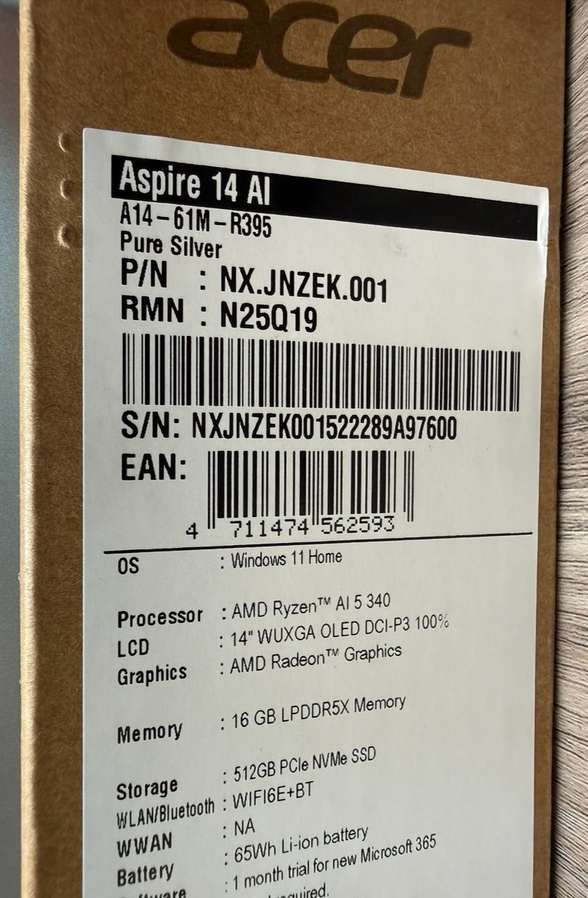 Acer Aspire 14 AI Copilot+ Ryzen AI 5, 16GB RAM 512GB SSD 14 Laptop NX.JNZEK.001