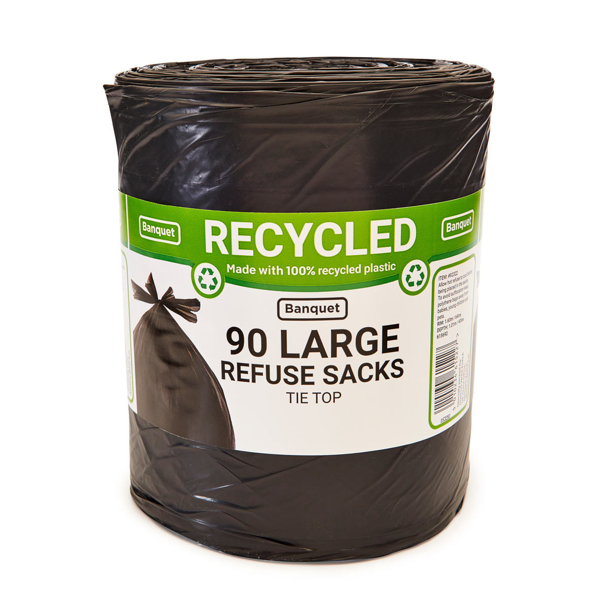 Banquet Recycled Tie Top Large Refuse Sacks Bin Liners 110L 90 Bags Kitchen