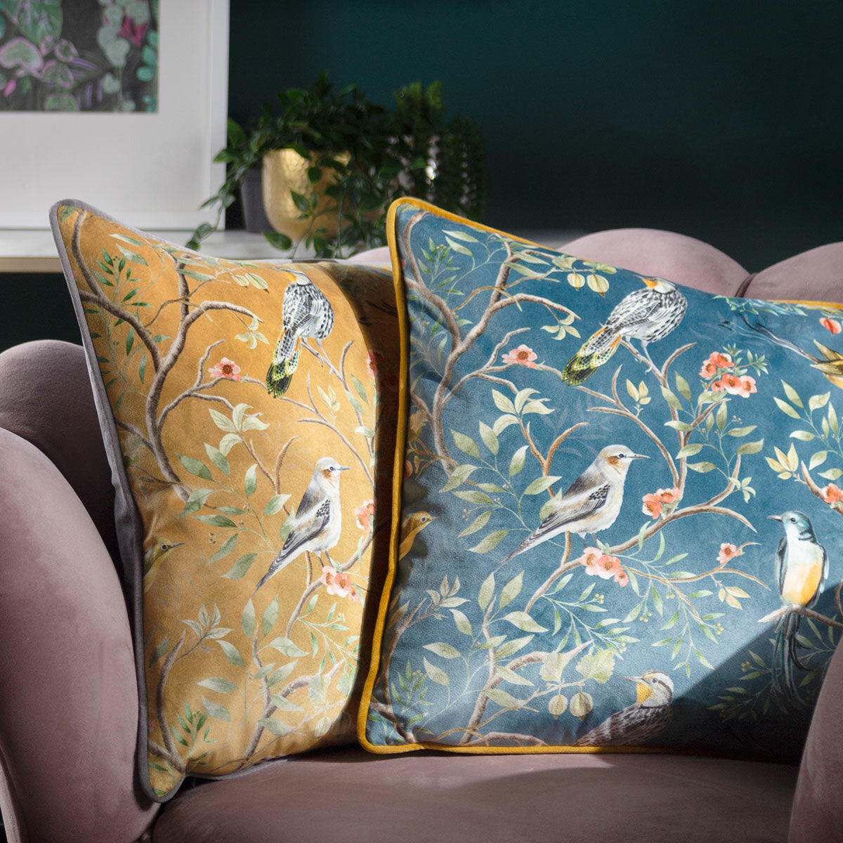 Wylder Chinoiserie Blue Cushion 2 Pack Feather Fill Printed Velvet 43x43cm
