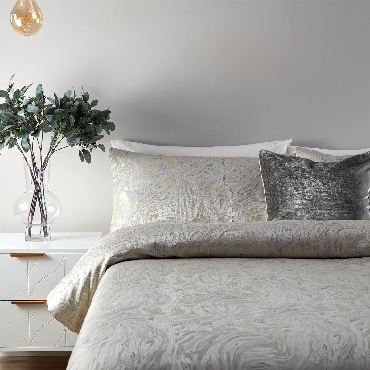 Paoletti Marble Oyster Grey Double Duvet Cover Set 3pc Pillowcases Cotton