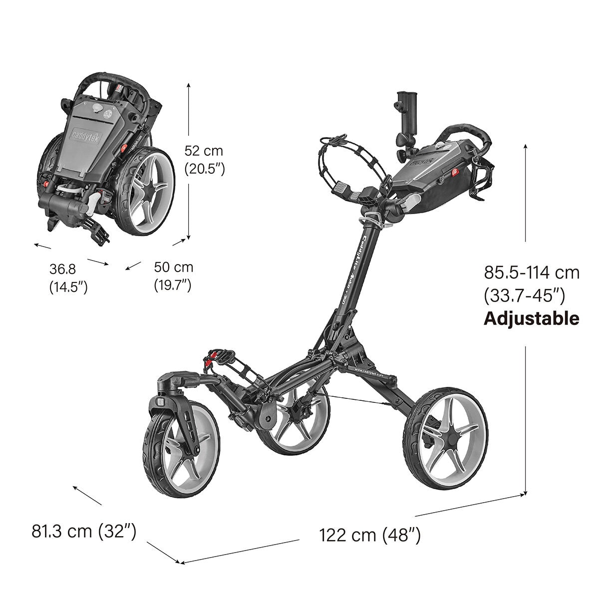 CaddyTek CaddyLite Auto+360 Golf Trolley Push Cart 3 Wheel Aluminium Grey