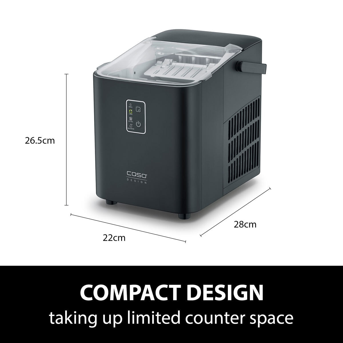 Caso IceChef Compact Ice Cube Maker 1L Tank 500g/Hr Two Sizes Black 26.5cm