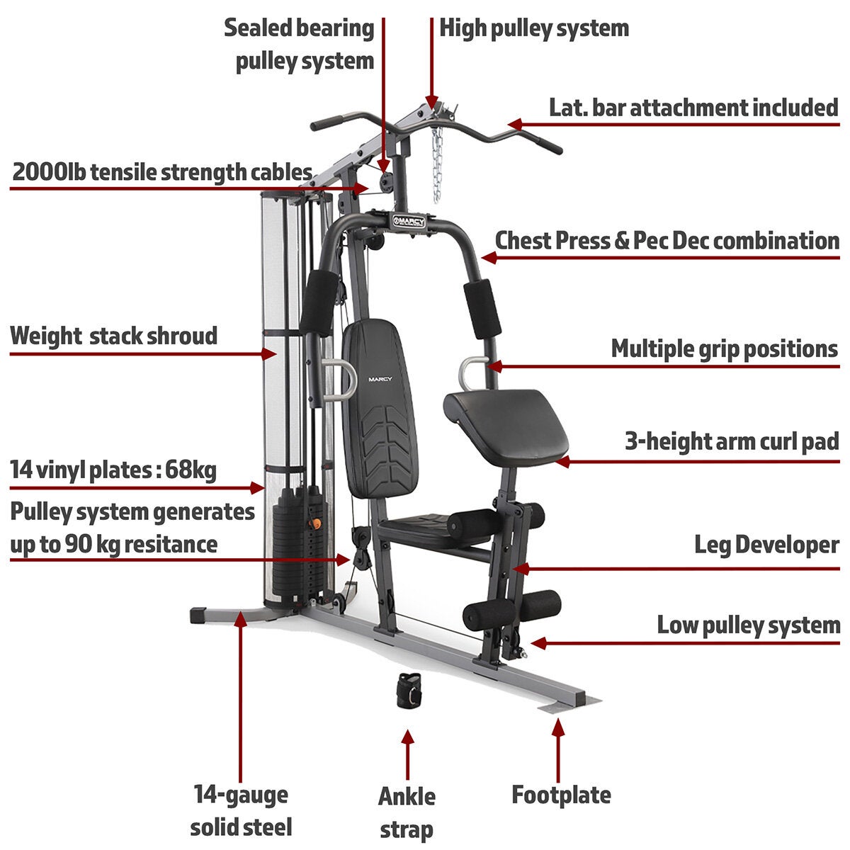 Marcy MWM986 Home Gym System 68kg Steel Weight Stack Pulley Black Silver