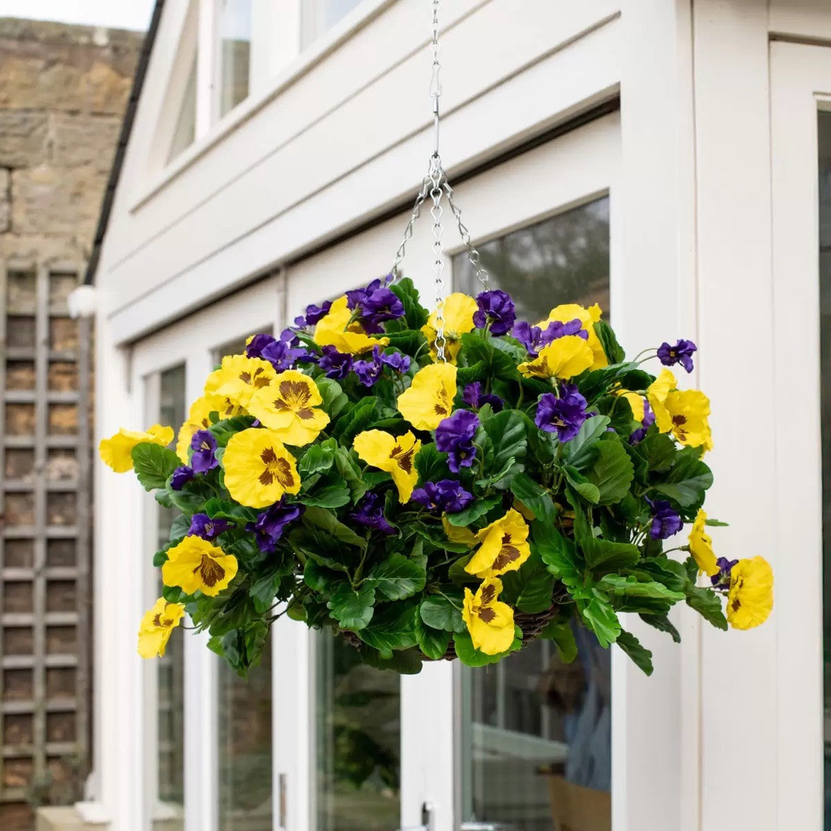 Artificial Purple & Yellow Pansy Flower Hanging Basket