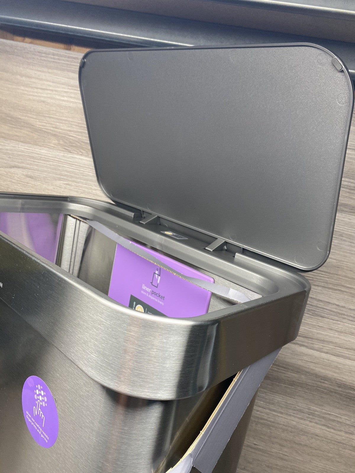 simplehuman Rectangular Step Can Bin 55L in Brushed Stainless Steel with Grey