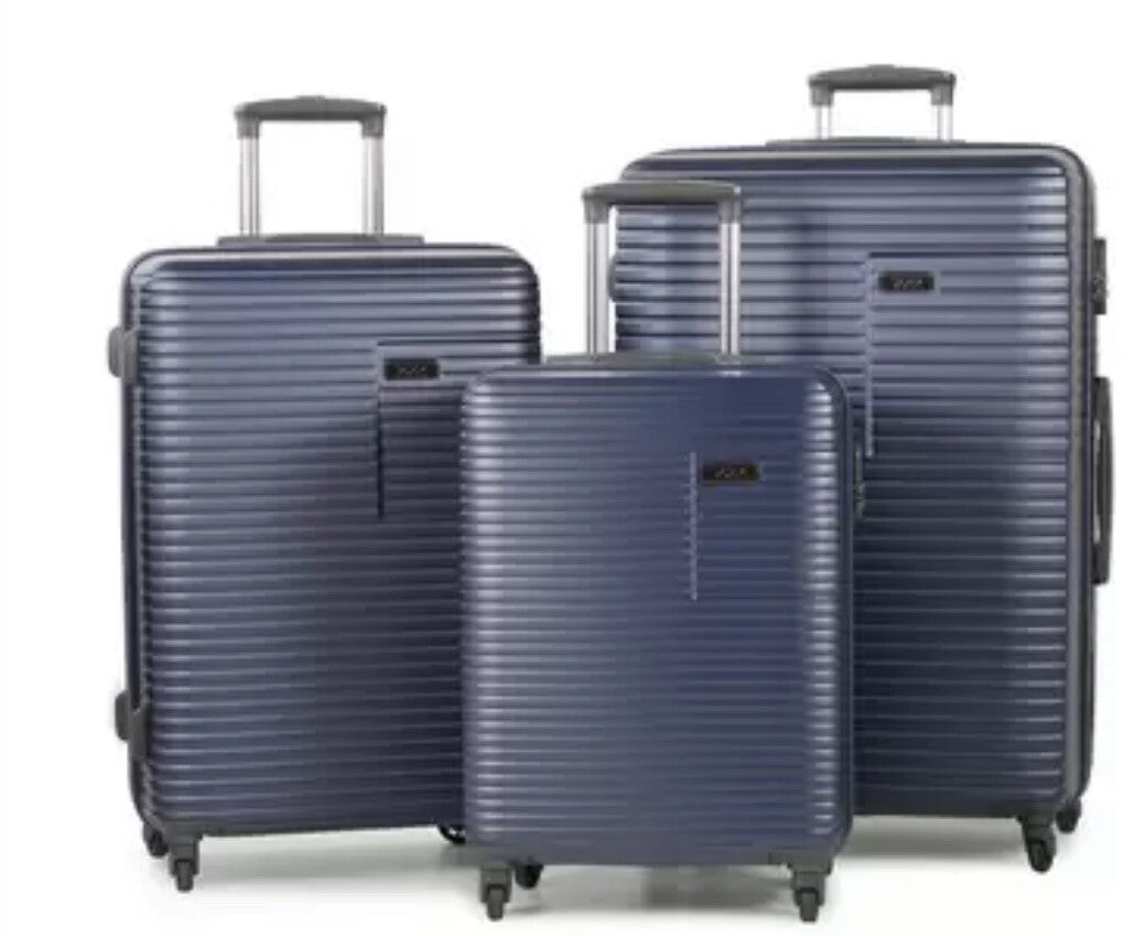 Rock Pacific 3 Piece Hardside Luggage Suitcase Set In Navy Spinner Case
