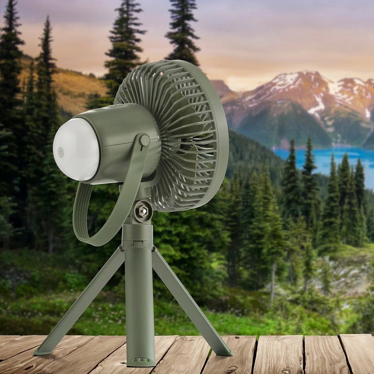 New Camelion Rechargeable Camping Fan with LED Light, Tripod, USB, Quiet 3-Speed