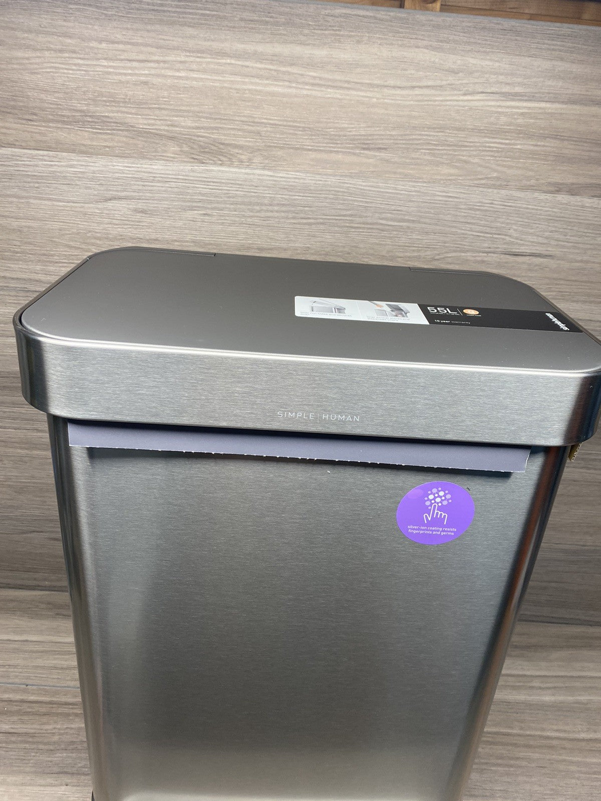 simplehuman Rectangular Step Can Bin 55L in Brushed Stainless Steel with Grey