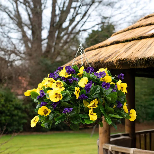 Artificial Purple & Yellow Pansy Flower Hanging Basket