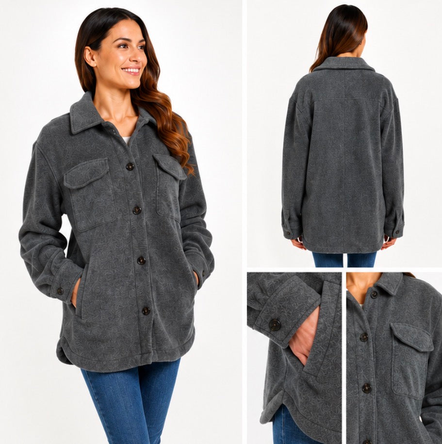 Weatherproof Women's Fleece Shacket Jacket Charcoal Grey Soft Button Coat S - XL