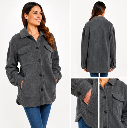 Weatherproof Women's Fleece Shacket Jacket Charcoal Grey Soft Button Coat S - XL