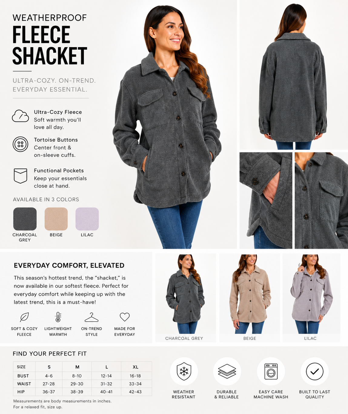 Weatherproof Women's Fleece Shacket Jacket Charcoal Grey Soft Button Coat S - XL