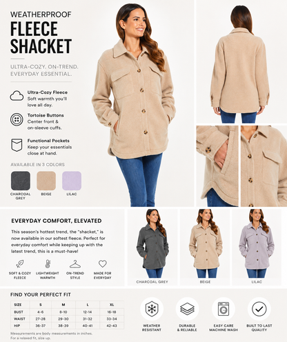 Weatherproof Women's Fleece Shacket Jacket Charcoal Grey Soft Button Coat S - XL