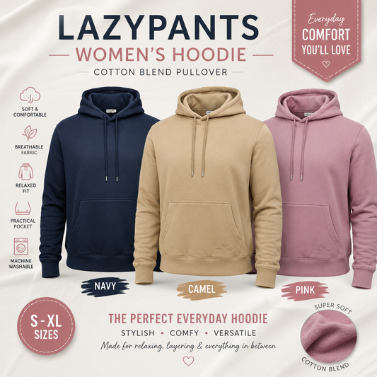 LazyPants Women’s Hoodie Cotton Blend Pullover Pink Navy Camel Sizes S-XL