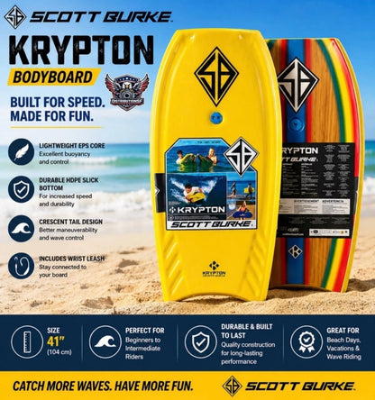 Scott Burke Surf Krypton EPS Bodyboard With Leash Yellow
