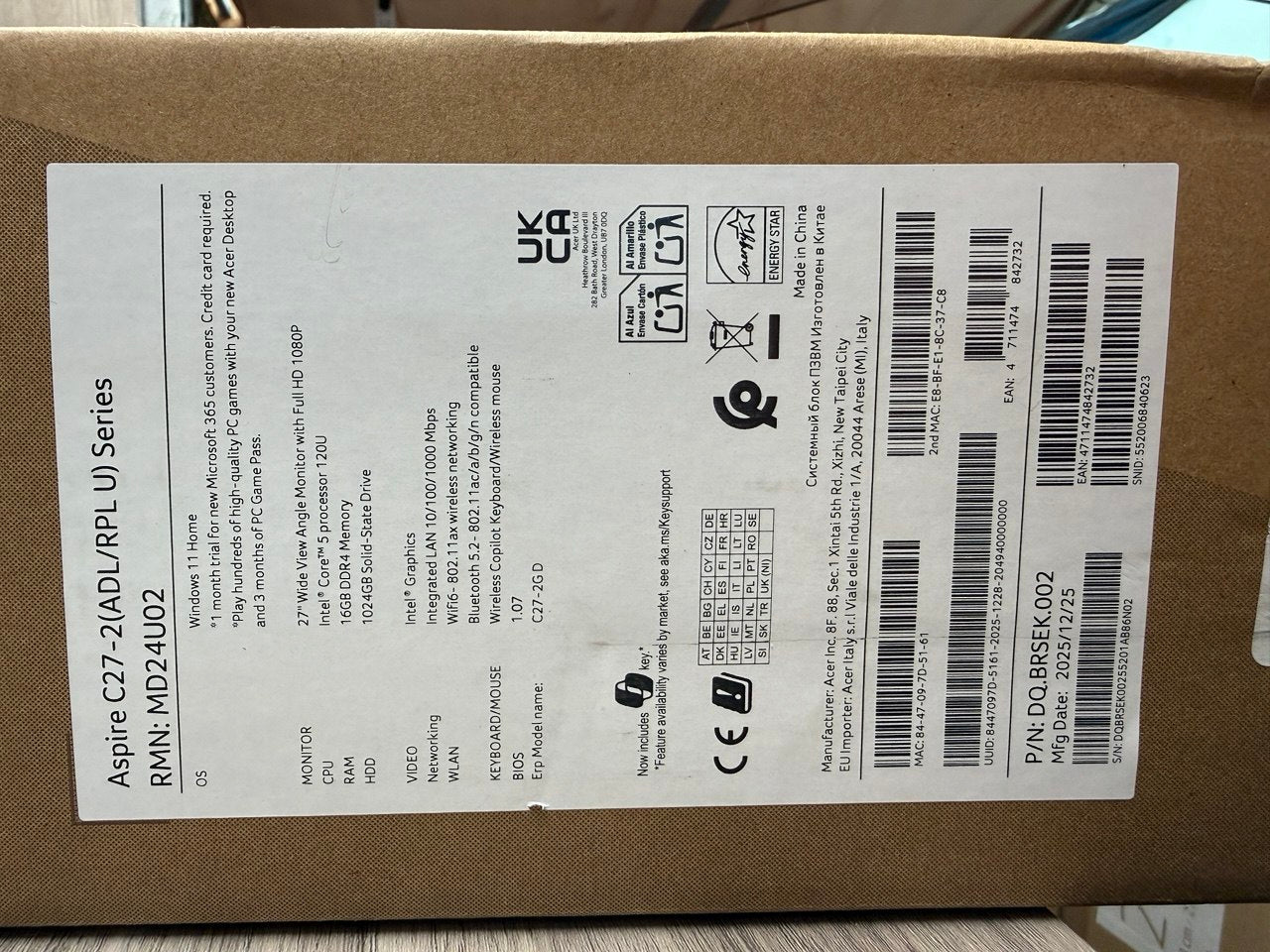 Acer Aspire C27-2G Intel Core 5 120U 16GB RAM 1TB SSD 27" Windows 11 Home