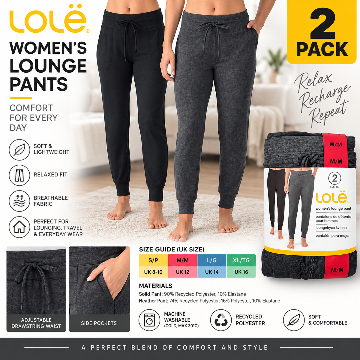 Lole Women’s Lounge Pants 2 Pack Joggers Trousers Side Pockets Soft Stretch New