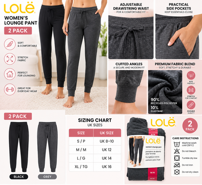 Lole Women’s Lounge Pants 2 Pack Joggers Trousers Side Pockets Soft Stretch New
