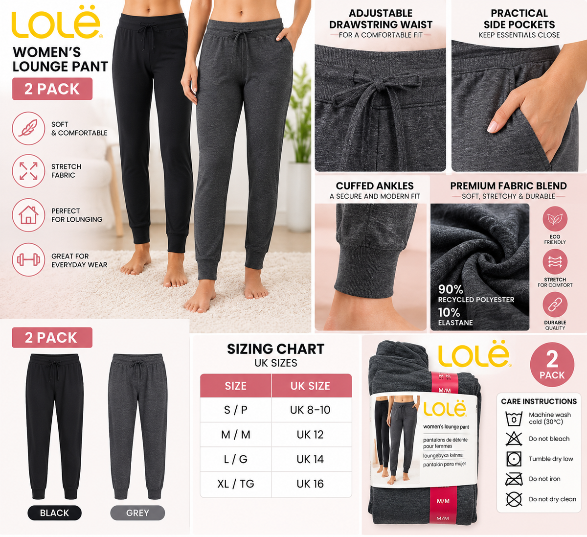 Lole Women’s Lounge Pants 2 Pack Joggers Trousers Side Pockets Soft Stretch New