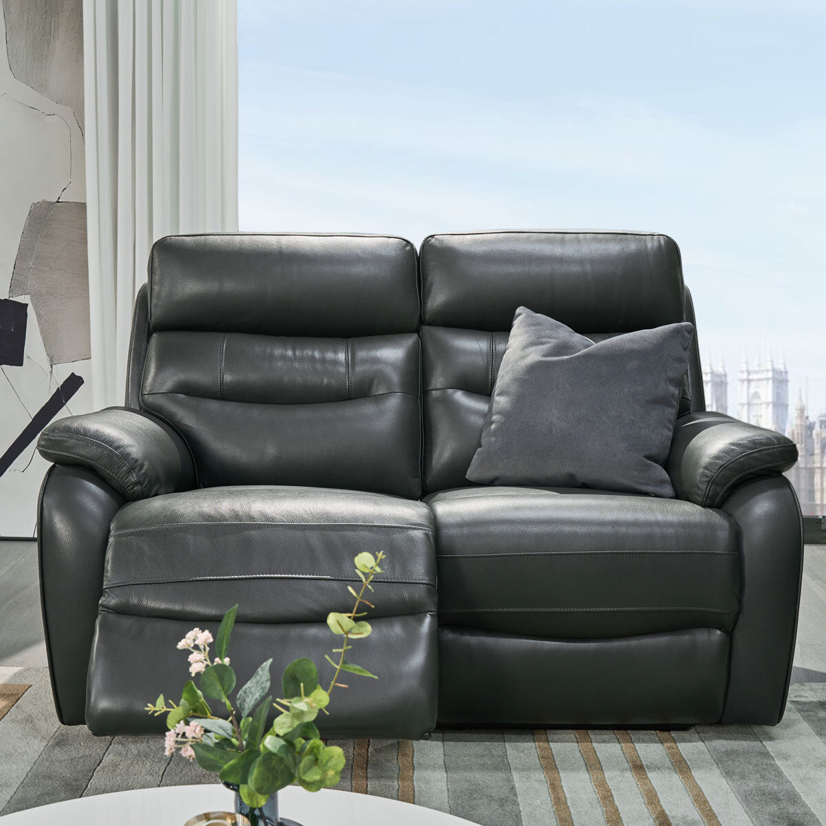 Fletcher Dark Grey Leather Power Reclining 2 Seater Sofa Power Headrest USB