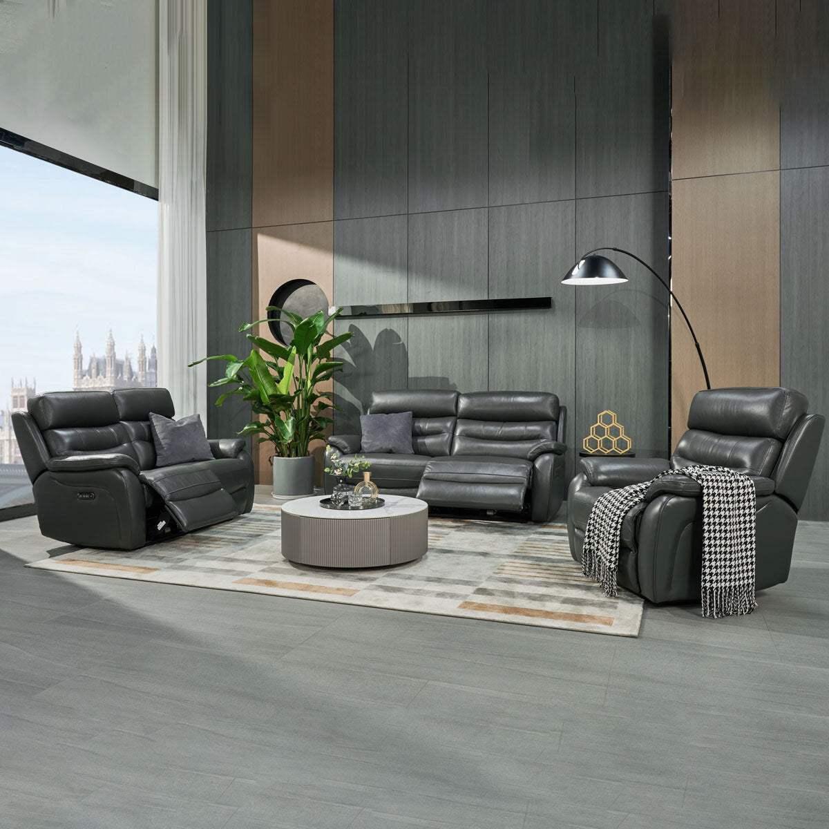 Fletcher Dark Grey Leather Power Reclining 2 Seater Sofa Power Headrest USB