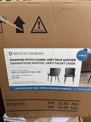 Bentley Designs Dining Chair Grey Faux Leather Diamond Stitch, 2 Pack Luxury