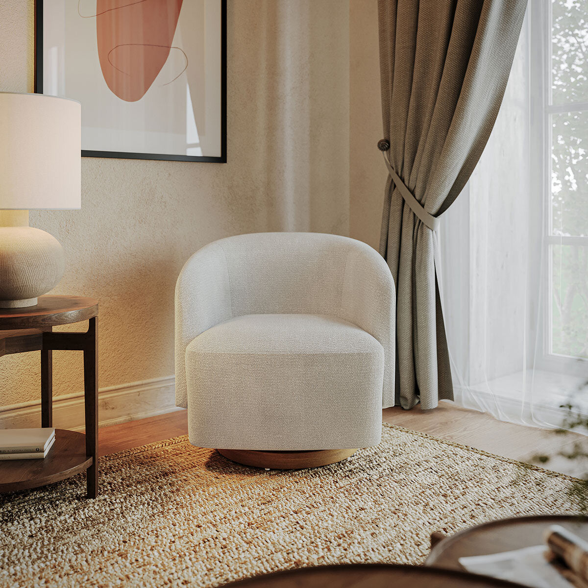 Henredon Murphy Cream Fabric Swivel Barrel Back Accent Chair Pedestal Base