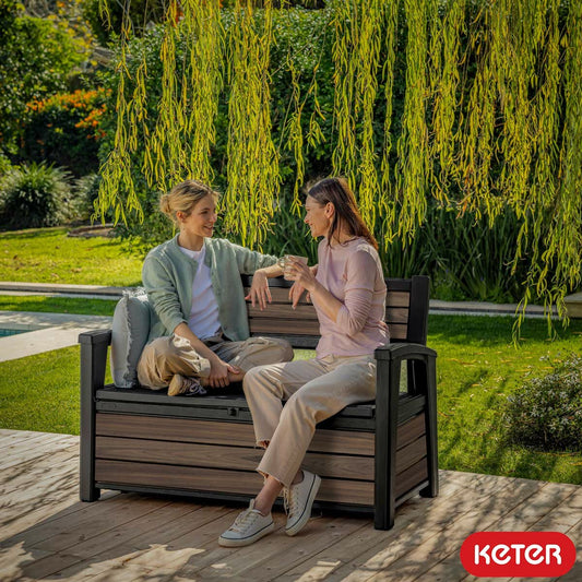 Keter Rosewood Storage Bench 227L 60G Garden Outdoor Seating Lockable Resin