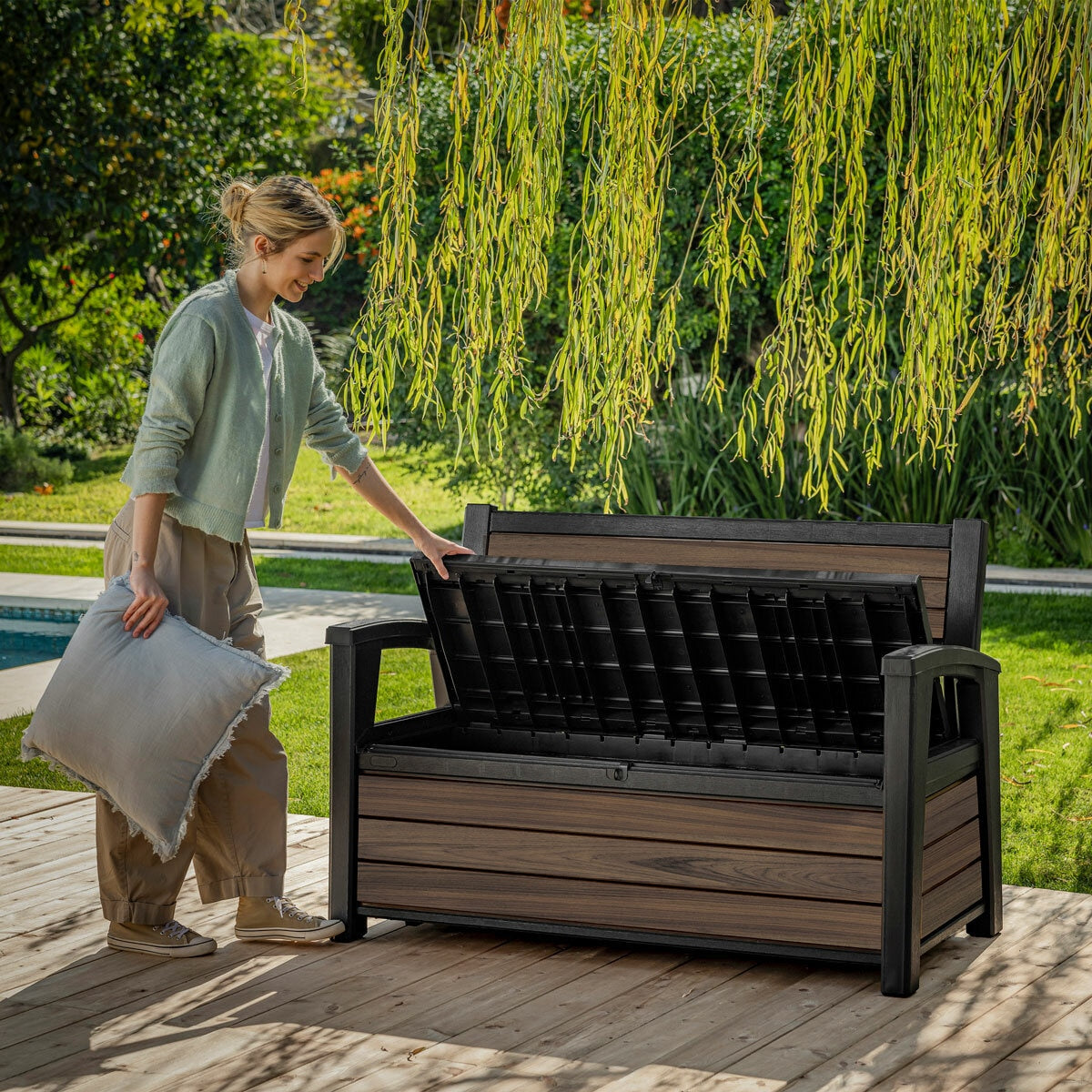 Keter Rosewood Storage Bench 227L 60G Garden Outdoor Seating Lockable Resin