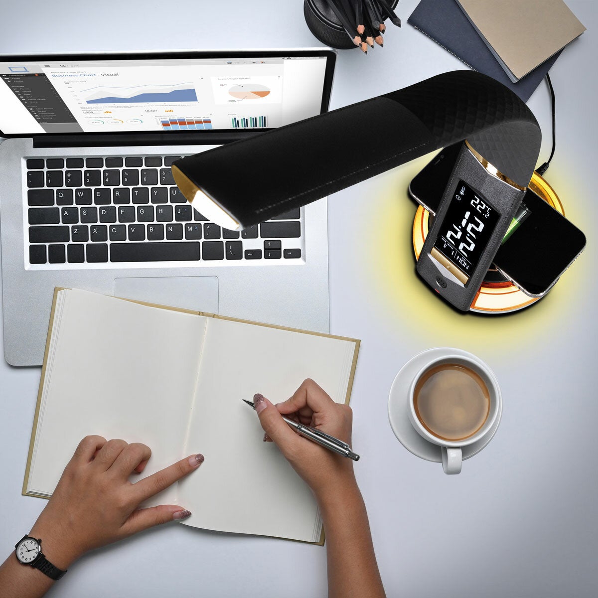 OttLite LED Desk Lamp Wireless Charging USB Colour Changing Base Black