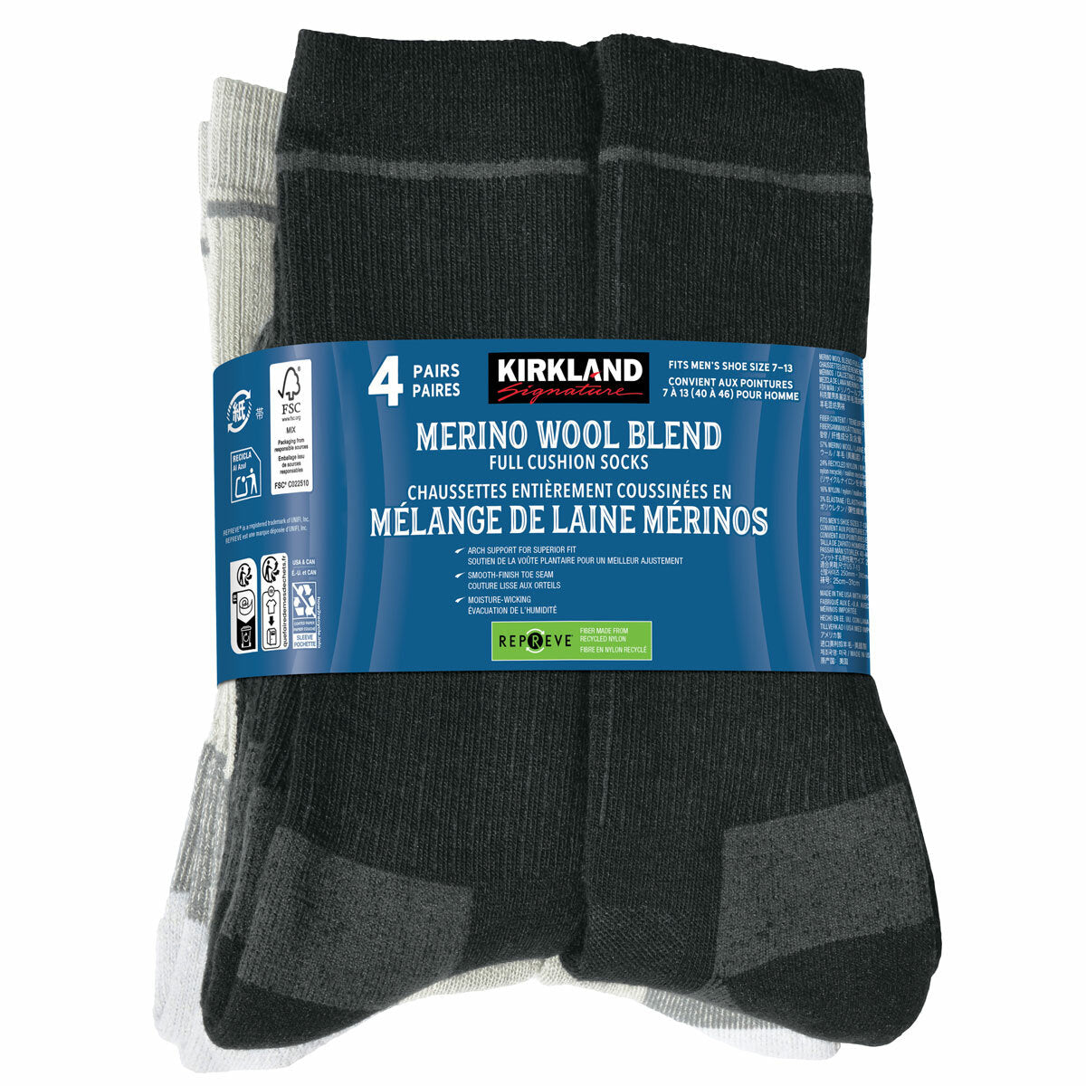 Merino Wool Socks 4 Pack Kirkland Signature Men's Cushioned Comfort Crew
