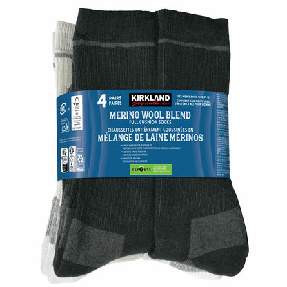 Merino Wool Socks 4 Pack Kirkland Signature Men's Cushioned Comfort Crew