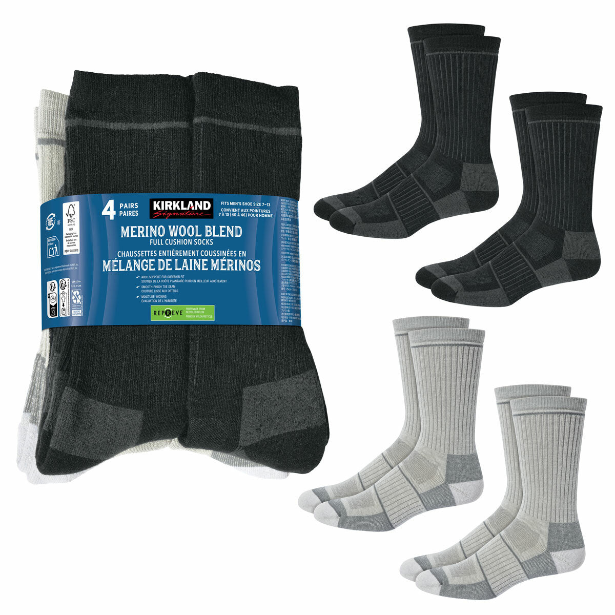 Merino Wool Socks 4 Pack Kirkland Signature Men's Cushioned Comfort Crew