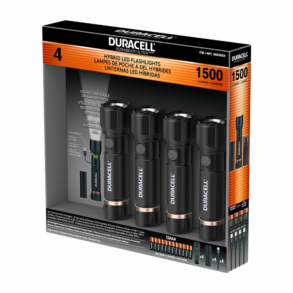 Duracell LED Torch Flashlight 1500 Lumen USB-C Rechargeable Aluminium 4 Pack