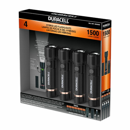 Duracell LED Torch Flashlight 1500 Lumen USB-C Rechargeable Aluminium 4 Pack