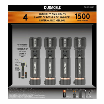 Duracell LED Torch Flashlight 1500 Lumen USB-C Rechargeable Aluminium 4 Pack