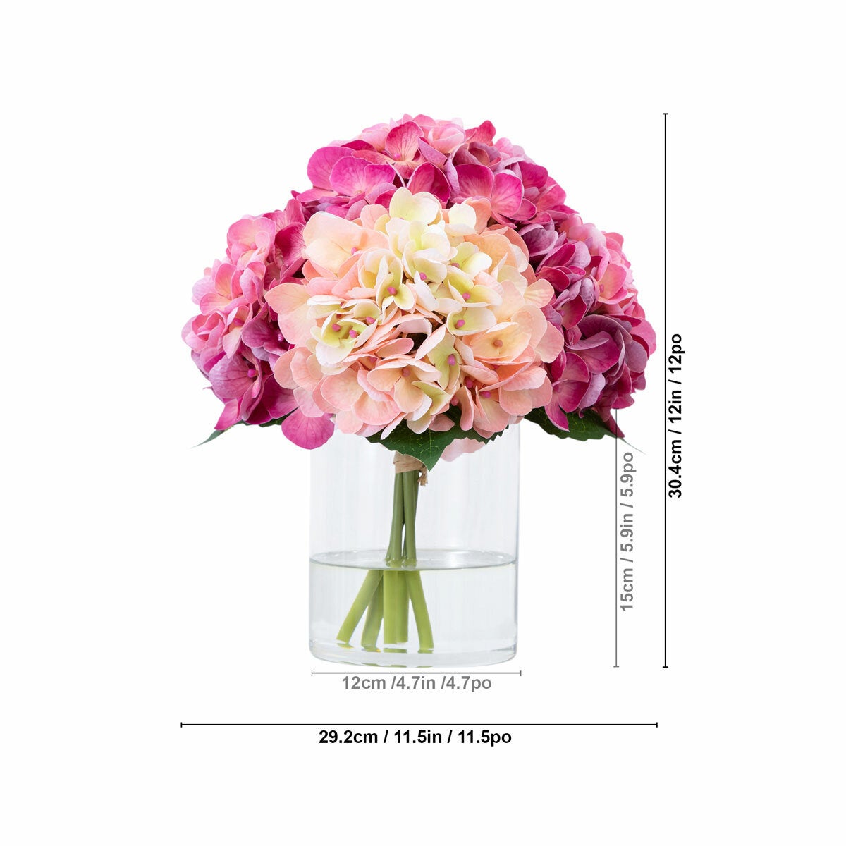 Nearly Natural Artificial Hydrangea Flower in Glass Vase Faux Plant 30cm Pink