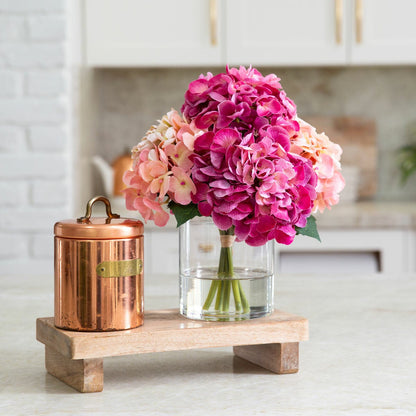 Nearly Natural Artificial Hydrangea Flower in Glass Vase Faux Plant 30cm Pink