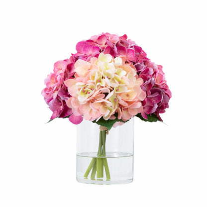 Nearly Natural Artificial Hydrangea Flower in Glass Vase Faux Plant 30cm Pink