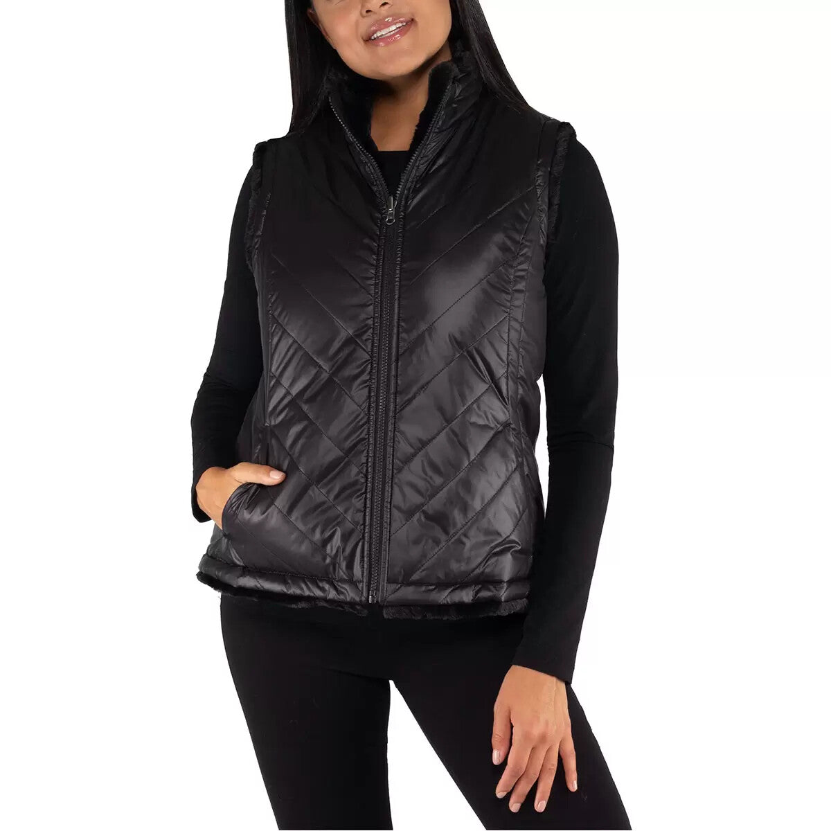 Nicole Miller Reversible Vest Women Faux Fur in Black Brand New