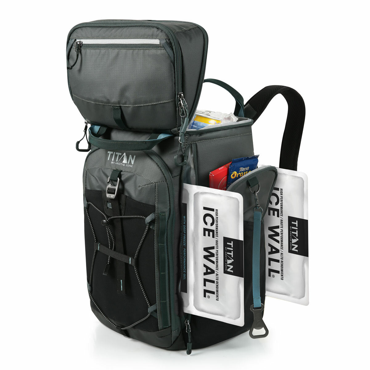 Titan 26 Can Backpack Cooler Bag 5 Compartments 2 Ice Walls Grey Insulated