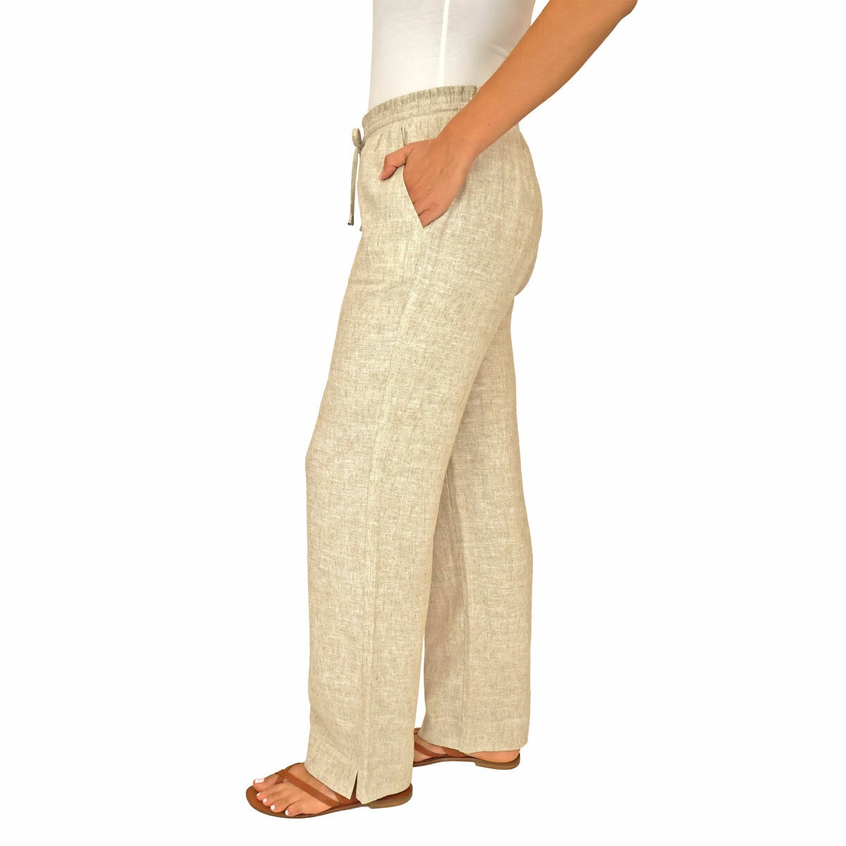 Briggs Ladies Linen Blend Drawstring Waist Trousers Pants Various Medium Tan