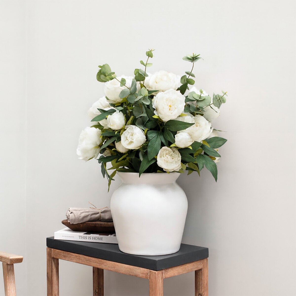 Tree Locate Artificial Peony Eucalyptus Bouquet Faux Flowers Vase Pink White