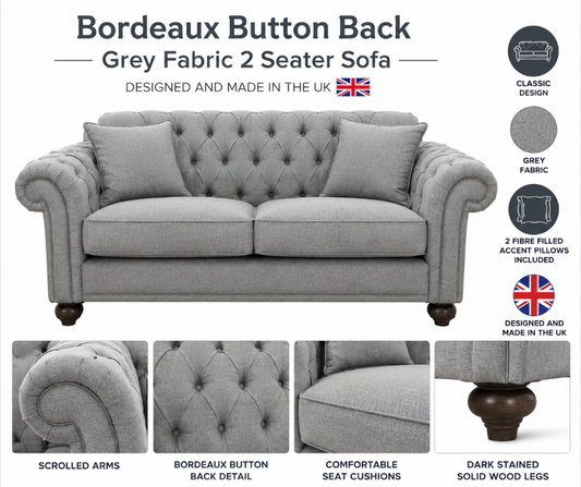 Bordeaux Button Back Grey Fabric 2 Seater Sofa Tufted Wood Legs 194cm Wide