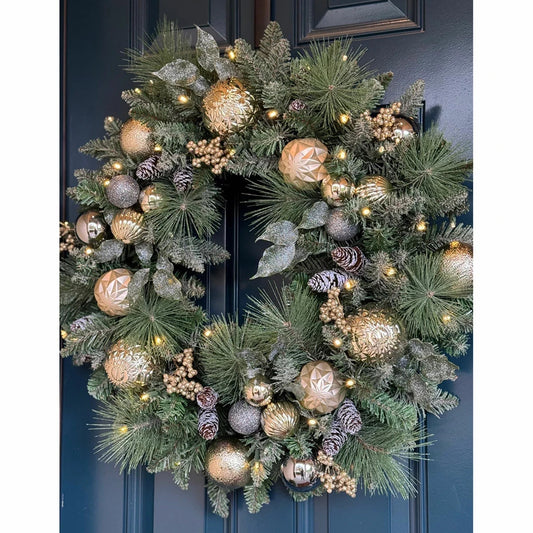 30 inch (76cm) Pre-Lit Decorated Wreath with 50 LED Lights in Metallic