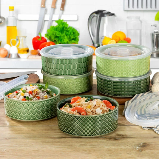 Signature Housewares Stoneware Bowls with Lids 6 Pack in Green